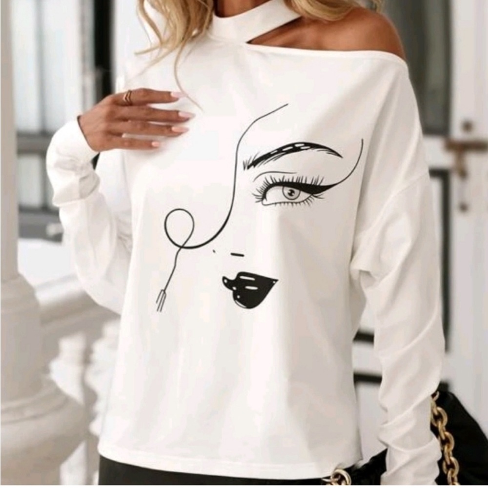 Asymmetrical Neck Figure Graphic Tee